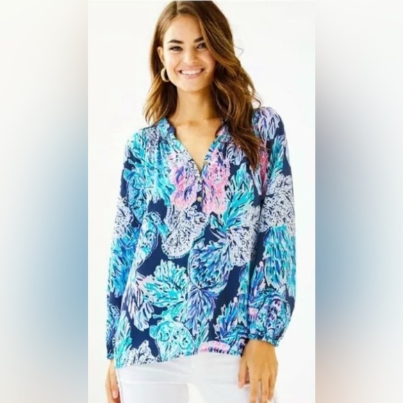 Lilly Pulitzer NWT Women's Elsa Top Size XXS - High Tide Navy Party In Paradise - Picture 9 of 9
